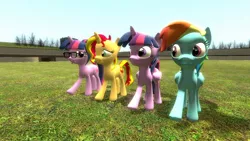 Size: 1360x768 | Tagged: safe, artist:mk513, derpibooru import, rainbow dash, sci-twi, sunset shimmer, twilight sparkle, twilight sparkle (alicorn), ponified, pony, equestria girls, 3d, equestria girls ponified, female, gmod, lesbian, scitwishimmer, shipping, sunsetsparkle, twidash, twolight, unicorn sci-twi