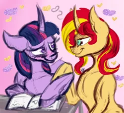 Size: 2200x2000 | Tagged: safe, artist:agentesinrebus, derpibooru import, sunset shimmer, twilight sparkle, twilight sparkle (alicorn), alicorn, pony, blushing, curved horn, female, happy, lesbian, mare, shipping, sketchy, smiling, sunsetsparkle