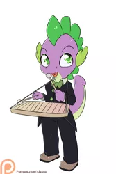 Size: 1050x1575 | Tagged: anthro, artist:alasou, chibi, derpibooru import, dragon, male, musical instrument, patreon, patreon logo, plantigrade anthro, safe, simple background, solo, spike, white background, xylophone