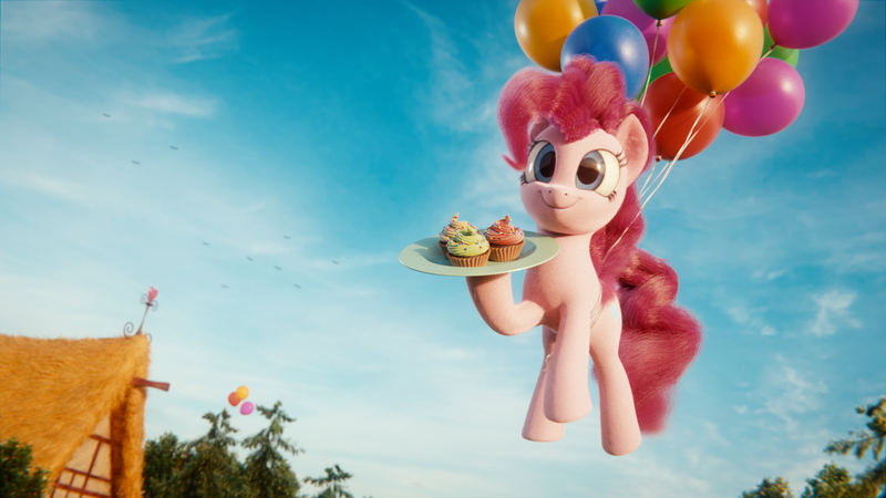 Size: 1280x720 | Tagged: safe, artist:trombonyponypie, derpibooru import, pinkie pie, earth pony, pony, 3d, balloon, blender, cupcake, female, floating, food, hoof hold, mare, plate, smiling, solo, then watch her balloons lift her up to the sky, tree