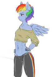 Size: 1280x1905 | Tagged: abs, anthro, artist:onion-hime, belly button, clothes, derpibooru import, ear fluff, hand on hip, midriff, off shoulder, pants, rainbow dash, safe, simple background, solo, sweater, transparent background