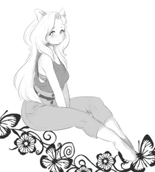 Size: 1280x1421 | Tagged: anthro, artist:onion-hime, clothes, cute, derpibooru import, flower, fluttershy, grayscale, monochrome, safe, solo, unguligrade anthro