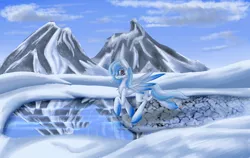 Size: 1900x1200 | Tagged: safe, artist:infernal69, derpibooru import, oc, oc:ice dreams, unofficial characters only, pegasus, pony, clothes, cloud, colored wings, colored wingtips, female, gradient hooves, gradient wings, ice, ice skating, looking at you, mare, mountain, reflection, skating, sky, snow, solo, underwear, winter