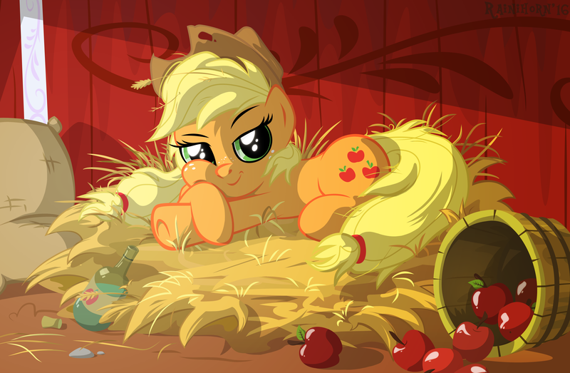 Size: 5715x3736 | Tagged: absurd resolution, alcohol, apple, applejack, artist:rainihorn, barn, cider, derpibooru import, food, hay, looking at you, prone, safe, smirk, solo