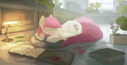 Size: 2575x1321 | Tagged: artist:fuzzyfox11, book, derpibooru import, dust motes, fireplace, flower, prone, rose, roseluck, safe, sleeping, solo