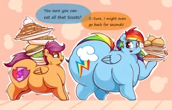 Size: 2000x1279 | Tagged: artist:graphenescloset, ass, burger, chubby cheeks, derpibooru import, dialogue, fat, food, huge butt, impossibly large butt, jiggle, large butt, oat burger, oats, obese, rainblob dash, rainbow dash, scootalard, scootaloo, stretched cutie mark, suggestive