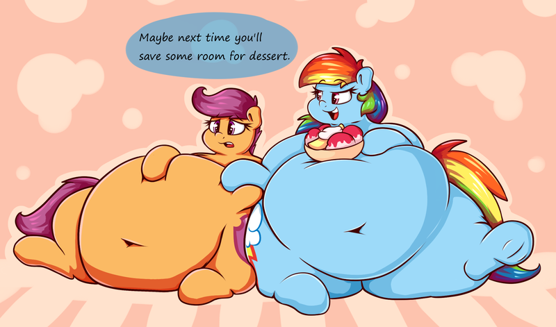 Size: 2000x1178 | Tagged: adorafatty, artist:graphenescloset, belly, belly button, big belly, derpibooru import, dialogue, fat, feeding dash, food, huge belly, ice cream, impossibly large belly, large belly, morbidly obese, obese, overeating, rainblob dash, rainbow dash, scootalard, scootaloo, squishy, stuffed, suggestive, tubby wubby pony waifu, tummy ache, weight gain, weight gain sequence