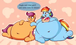 Size: 2000x1178 | Tagged: adorafatty, artist:graphenescloset, belly, belly button, big belly, derpibooru import, dialogue, fat, feeding dash, food, huge belly, ice cream, impossibly large belly, large belly, morbidly obese, obese, overeating, rainblob dash, rainbow dash, scootalard, scootaloo, squishy, stuffed, suggestive, tubby wubby pony waifu, tummy ache, weight gain, weight gain sequence