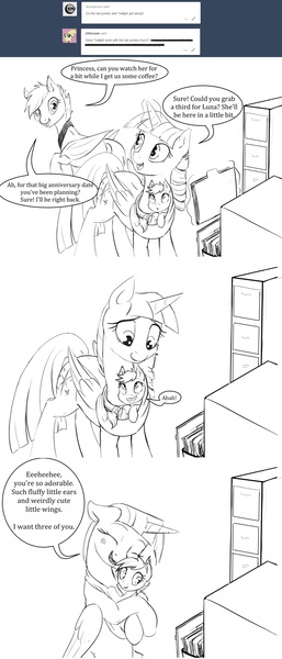 Size: 1280x2988 | Tagged: safe, artist:silfoe, derpibooru import, twilight sparkle, twilight sparkle (alicorn), oc, oc:evening melody, alicorn, bat pony, pony, royal sketchbook, baby, baby pony, cute, dialogue, female, file, file cabinet, grayscale, hug, mare, monochrome, sling