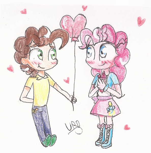 Size: 794x803 | Tagged: safe, artist:ultrard, derpibooru import, cheese sandwich, pinkie pie, human, balloon, blushing, boots, cheesepie, clothes, equestria girls outfit, female, heart, heart balloon, humanized, male, shipping, shoes, skirt, straight, traditional art