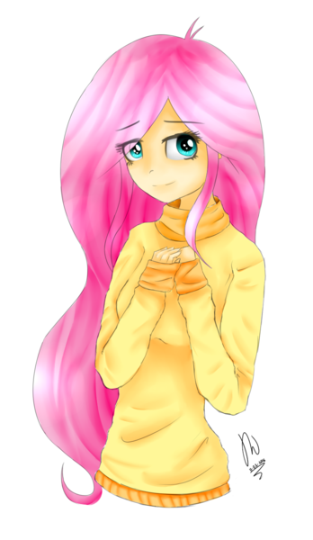 Size: 794x1369 | Tagged: artist:drawcraft123, clothes, cyan eyes, derpibooru import, digital art, fluttershy, hands together, human, humanized, light skin, long sleeves, looking at you, pink hair, safe, simple background, solo, sweater, sweatershy, transparent background, turtleneck, yellow sweater