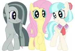 Size: 501x342 | Tagged: artist:squipycheetah, cocobetes, coco pommel, crossed hooves, cute, derpibooru import, fluttershy, hair bow, hair over one eye, looking at you, marblebetes, marble pie, necktie, raised hoof, safe, shyabetes, simple background, the council of shy ponies, trio, white background