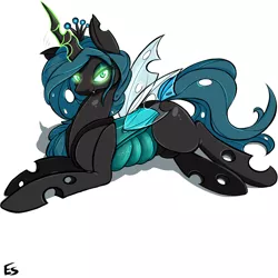 Size: 1200x1200 | Tagged: artist:asadama, bedroom eyes, blushing, changeling, changeling queen, colored, derpibooru import, female, floppy ears, magic, mare, prone, queen chrysalis, safe, seductive, simple background, solo