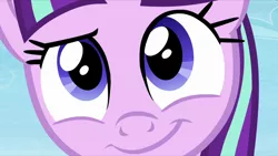 Size: 1280x720 | Tagged: safe, derpibooru import, screencap, starlight glimmer, pony, unicorn, the cutie re-mark, close-up, cute, dreamworks face, female, glimmerbetes, glimmerposting, looking at you, raised eyebrow, s5 starlight, smiling, solo, when she smiles