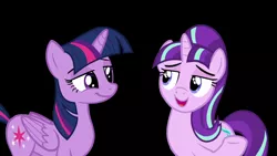 Size: 1280x720 | Tagged: safe, derpibooru import, screencap, starlight glimmer, twilight sparkle, twilight sparkle (alicorn), alicorn, pony, the cutie re-mark, black background, eye contact, female, friends, lidded eyes, mare, new friendship, open mouth, raised hoof, redemption, s5 starlight, simple background, smiling, starry eyes, wingding eyes