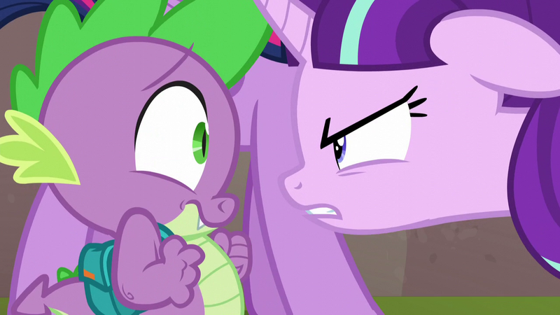 Size: 1280x720 | Tagged: safe, derpibooru import, screencap, spike, starlight glimmer, twilight sparkle, alicorn, dragon, unicorn, the cutie re-mark, angry, backpack, s5 starlight