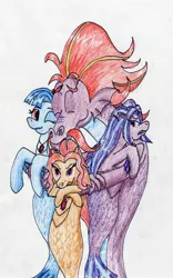 Size: 1741x2790 | Tagged: adagio dazzle, aria blaze, artist:40kponyguy, cuddling, derpibooru import, hippocampus, merpony, safe, sea serpent, siren, sonata dusk, steven magnet, the dazzlings, traditional art, true form