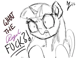 Size: 1024x768 | Tagged: safe, artist:aer0 zer0, derpibooru import, twilight sparkle, twilight sparkle (alicorn), alicorn, pony, anime face, exclamation point, grayscale, interrobang, lineart, meme, monochrome, question mark, reaction, solo, vulgar, wtf