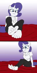 Size: 661x1280 | Tagged: anthro, artist:made-in-donuts, barefoot, comic, derpibooru import, feet, foot fetish, foot focus, giantess, macro, micro, oc, plantigrade anthro, rarity, smiling, soles, suggestive, toes