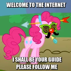 Size: 300x300 | Tagged: safe, derpibooru import, edit, edited screencap, screencap, pinkie pie, griffon the brush off, image macro, meme, solo, tour guide, welcome to the internet