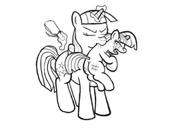 Size: 790x600 | Tagged: safe, artist:sternymares, deleted from derpibooru, derpibooru import, twilight sparkle, twilight velvet, pony, unicorn, black and white, brush, carrying, crying, eyes closed, filly, filly twilight sparkle, grayscale, levitation, magic, monochrome, mouth hold, paddling, punishment, scruff, simple background, spank mark, spanking, telekinesis, white background, younger