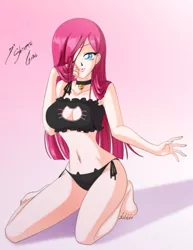 Size: 2153x2786 | Tagged: artist:shinta-girl, bell, bell collar, belly button, black underwear, bra, breasts, cat, cat keyhole bra set, cat lingerie, cleavage, clothes, collar, crop top bra, derpibooru import, digital art, female, frilly underwear, human, humanized, lingerie, panties, pinkamena diane pie, pinkie pie, side knot underwear, solo, solo female, suggestive, underwear