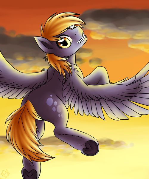 Size: 1280x1536 | Tagged: safe, artist:nothingspecialx9, derpibooru import, derpy hooves, pegasus, pony, female, flying, looking back, mare, smiling, solo, sunset, underhoof