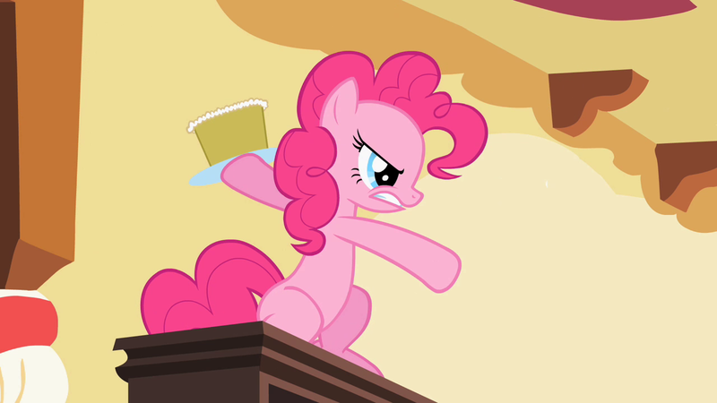 Size: 1280x720 | Tagged: angry, assaulting with cake, cake, derpibooru import, food, gritted teeth, growling, pinkie pie, safe, screencap, secret of my excess, sitting, solo, throwing