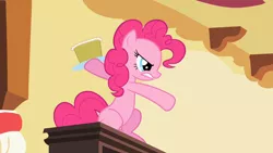 Size: 1280x720 | Tagged: angry, assaulting with cake, cake, derpibooru import, food, gritted teeth, growling, pinkie pie, safe, screencap, secret of my excess, sitting, solo, throwing
