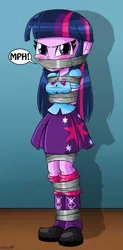 Size: 481x981 | Tagged: suggestive, artist:gaggeddude32, derpibooru import, twilight sparkle, equestria girls, angry, bondage, breast bondage, breasts, clothes, duct tape, female, gag, muffled moaning, pleated skirt, shoes, skirt, socks, solo, solo female, tape gag, tied up