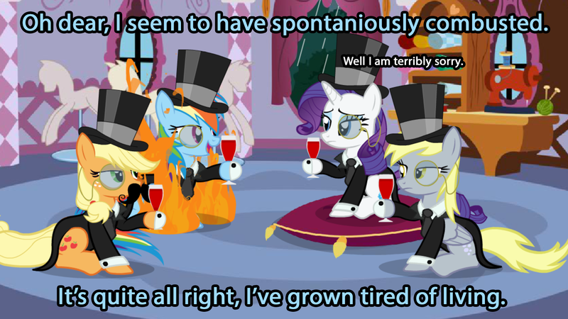 Size: 1723x969 | Tagged: safe, artist:toxicalien2014, derpibooru import, screencap, applejack, derpy hooves, rainbow dash, rarity, pegasus, pony, alcohol, british, caption, captioned, clothes, dapper, family guy, fancy, female, food, hat, mare, monocle, monocle and top hat, moustache, on fire, parody, spontaneous combustion, suit, top hat, wine, wine glass