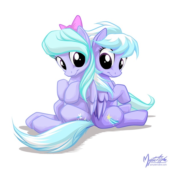 Size: 1029x1029 | Tagged: safe, artist:mysticalpha, derpibooru import, cloudchaser, flitter, pegasus, pony, back to back, bow, cute, cutechaser, dock, female, flitterbetes, hair bow, mare, sitting, smiling