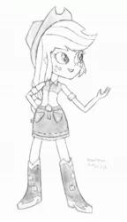 Size: 1728x2998 | Tagged: safe, artist:drchrisman, derpibooru import, applejack, equestria girls, boots, clothes, cowboy hat, denim, denim skirt, freckles, hat, monochrome, open mouth, sketch, skirt, solo, stetson, traditional art