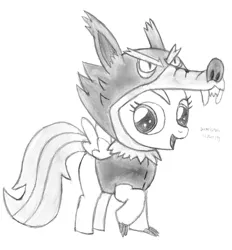 Size: 2495x2688 | Tagged: safe, artist:drchrisman, derpibooru import, scootaloo, wolf, luna eclipsed, animal costume, clothes, cosplay, costume, monochrome, open mouth, scootawolf, sketch, solo, traditional art, wolf costume
