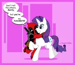 Size: 807x707 | Tagged: artist:wom-bat, crossover, deadpool, derpibooru import, gritted teeth, hug, rarity, safe