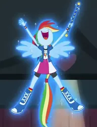 Size: 552x720 | Tagged: safe, derpibooru import, screencap, rainbow dash, equestria girls, friendship games, chs rally song, cropped, flying, glow, nose in the air, ponied up, solo, volumetric mouth