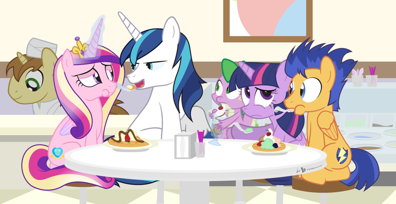 Size: 1240x640 | Tagged: safe, artist:dm29, derpibooru import, donut joe, flash sentry, princess cadance, shining armor, spike, twilight sparkle, twilight sparkle (alicorn), alicorn, dragon, pegasus, pony, unicorn, eating, female, food, ice cream, mare, sitting, smiling, table, waffle