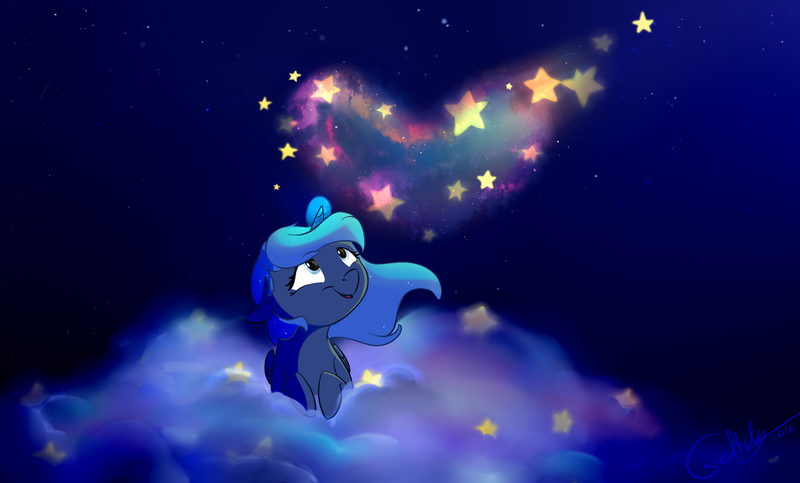 Size: 1024x618 | Tagged: artist:rutkotka, cloud, derpibooru import, heart, magic, night, princess luna, prone, safe, solo, stars