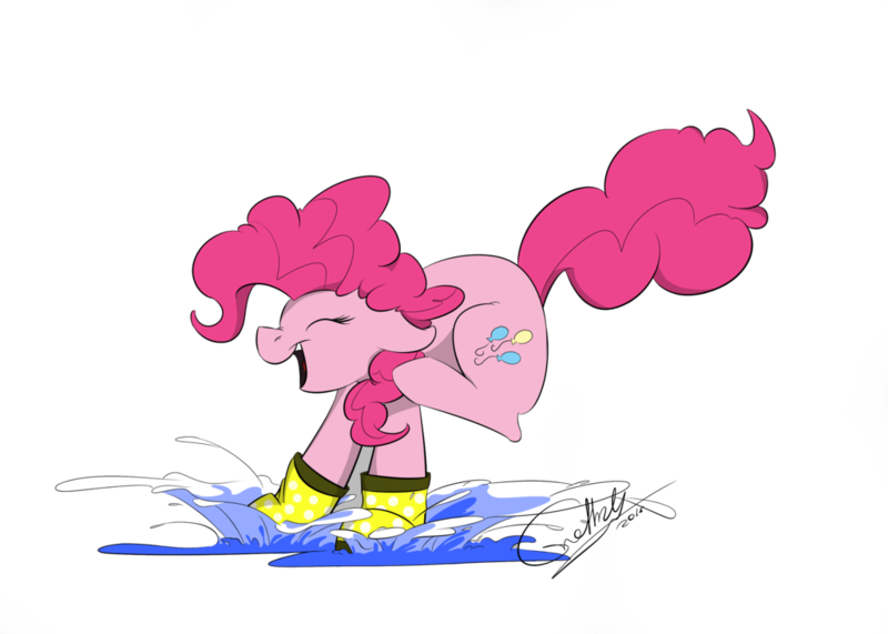 Size: 1024x731 | Tagged: safe, artist:rutkotka, derpibooru import, pinkie pie, earth pony, pony, cute, diapinkes, eyes closed, female, mare, open mouth, ponk, puddle, rain boots, simple background, solo, splashing, water, white background