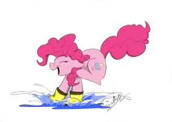 Size: 1024x731 | Tagged: safe, artist:rutkotka, derpibooru import, pinkie pie, earth pony, pony, cute, diapinkes, eyes closed, female, mare, open mouth, ponk, puddle, rain boots, simple background, solo, splashing, water, white background