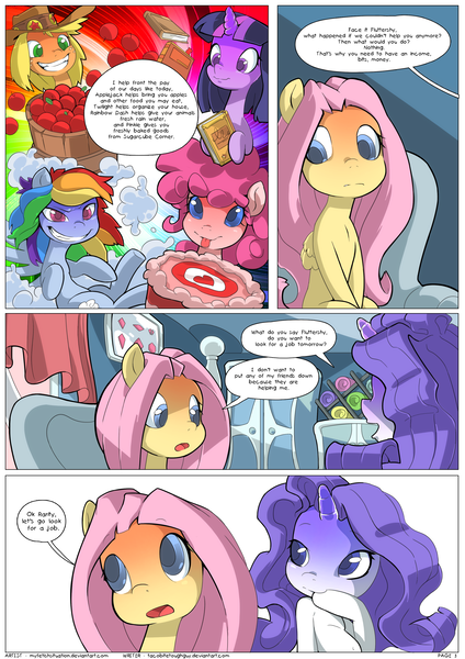 Size: 2480x3508 | Tagged: apple, applejack, artist:myfetishsituation, book, cake, comic, comic:fluttershy's big job, derpibooru import, fluttershy, food, mane six, pinkie pie, rainbow dash, rarity, safe, twilight sparkle