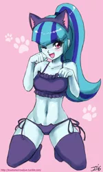 Size: 700x1163 | Tagged: suggestive, artist:johnjoseco, derpibooru import, sonata dusk, equestria girls, belly button, cat ears, cat lingerie, clothes, female, kneeling, lingerie, looking at you, midriff, open mouth, panties, ponytail, sexy, smiling, socks, solo, solo female, sonyata dusk, thigh highs, thong, underwear, wink