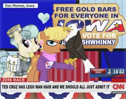 Size: 900x709 | Tagged: safe, artist:pixelkitties, derpibooru import, ms. harshwhinny, bald eagle, crystal pony, eagle, pony, cable news network, cnn, iowa, lego, looking at you, ms. harshwhinny's election campaign, politics, ted cruz, votehorse