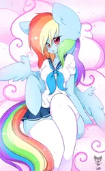 Size: 2125x3442 | Tagged: anthro, arm hooves, artist:teranen, clothes, colored pupils, cute, derpibooru import, female, fetish, looking at you, moe, open mouth, pleated skirt, rainbow dash, sailor uniform, schoolgirl, school uniform, school uniform fetish, sexy, skirt, small face, socks, solo, solo female, stupid sexy rainbow dash, suggestive, thigh highs, zettai ryouiki