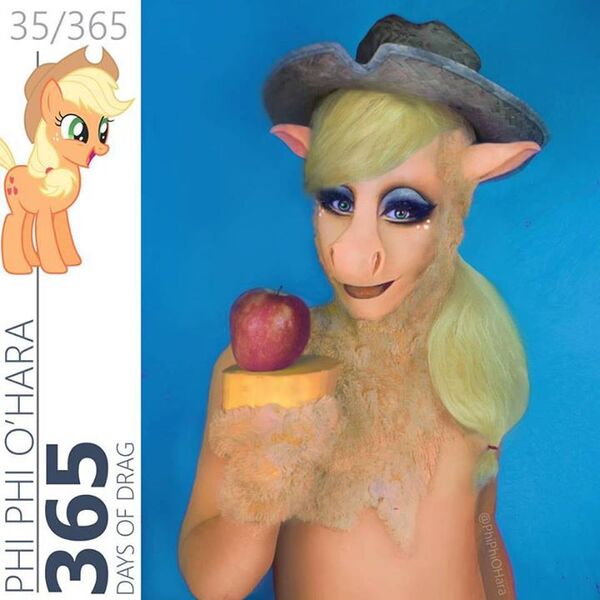 Size: 720x720 | Tagged: abomination, applejack, artist:phi phi o'hara, clothes, cosplay, costume, derpibooru import, nightmare fuel, questionable, uncanny valley, wat, what has science done, what has the make-up done