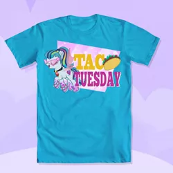 Size: 600x600 | Tagged: safe, artist:pixelkitties, derpibooru import, sonata dusk, ponified, pony, equestria girls, rainbow rocks, clothes, equestria girls ponified, food, kamina sunglasses, merchandise, shirt, solo, taco, taco tuesday