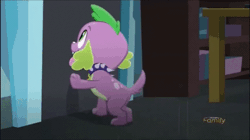 Size: 692x388 | Tagged: safe, derpibooru import, screencap, sci-twi, spike, spike the regular dog, twilight sparkle, dog, equestria girls, friendship games, animated, discovery family logo, door, spikeabuse