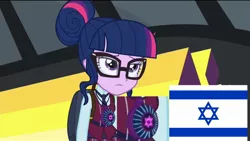 Size: 1920x1080 | Tagged: safe, derpibooru import, edit, edited screencap, screencap, sci-twi, twilight sparkle, equestria girls, friendship games, bus, conspiracy, conspiracy theory, female, flag, glasses, israel, jew, star of david