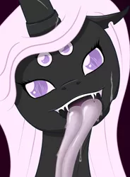 Size: 700x950 | Tagged: suggestive, artist:widowpeak, derpibooru import, oc, oc:vatia, unofficial characters only, changeling, hybrid, spider, changeling oc, drool, fangs, female, long tongue, looking at you, monster mare, multiple eyes, open mouth, purple changeling, solo, tongue out