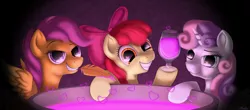 Size: 4000x1760 | Tagged: safe, artist:awalex, derpibooru import, apple bloom, scootaloo, sweetie belle, cauldron, cutie mark crusaders, heart, heart eyes, hearts and hooves day, love potion, pure unfiltered evil, slasher smile, this will not end well, valentine's day, wingding eyes